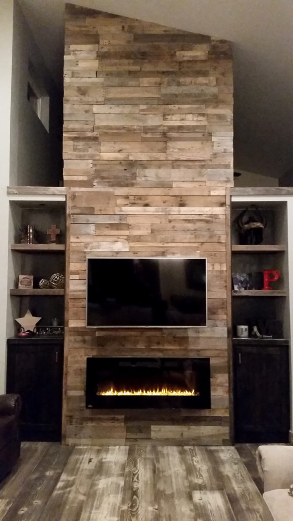 reclaimed pallet wood fireplace Sustainable Lumber Company