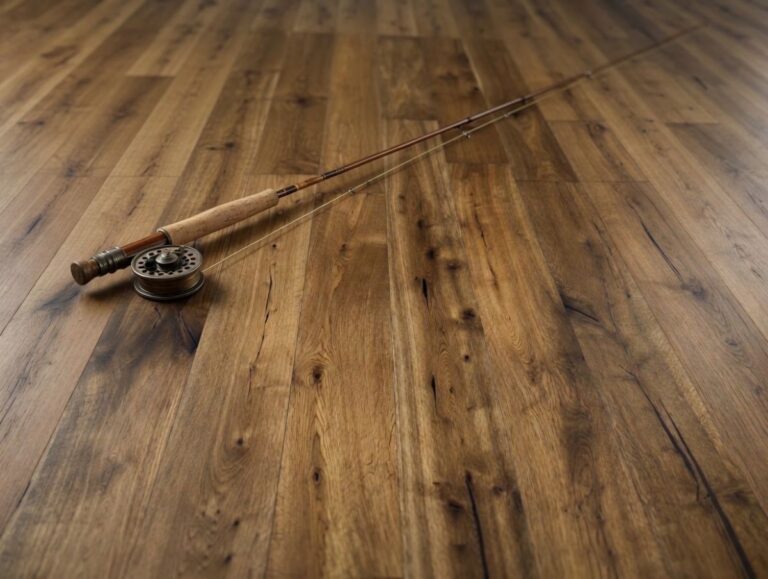 Fumed White Oak flooring with a vintage fly fishing rod and reel resting on the surface