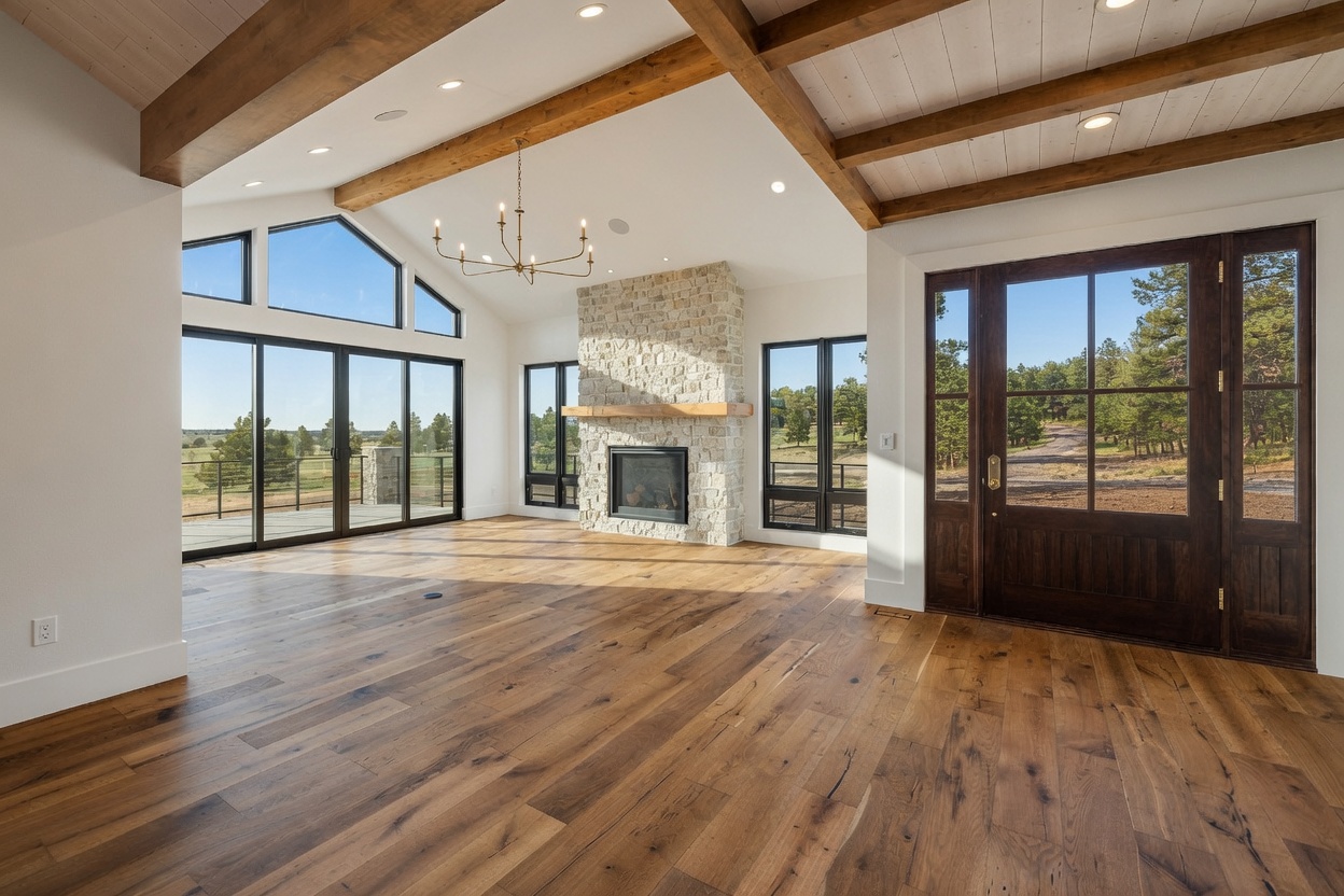 Fumed White Oak flooring in an open living room with stone fireplace and wood beam ceiling