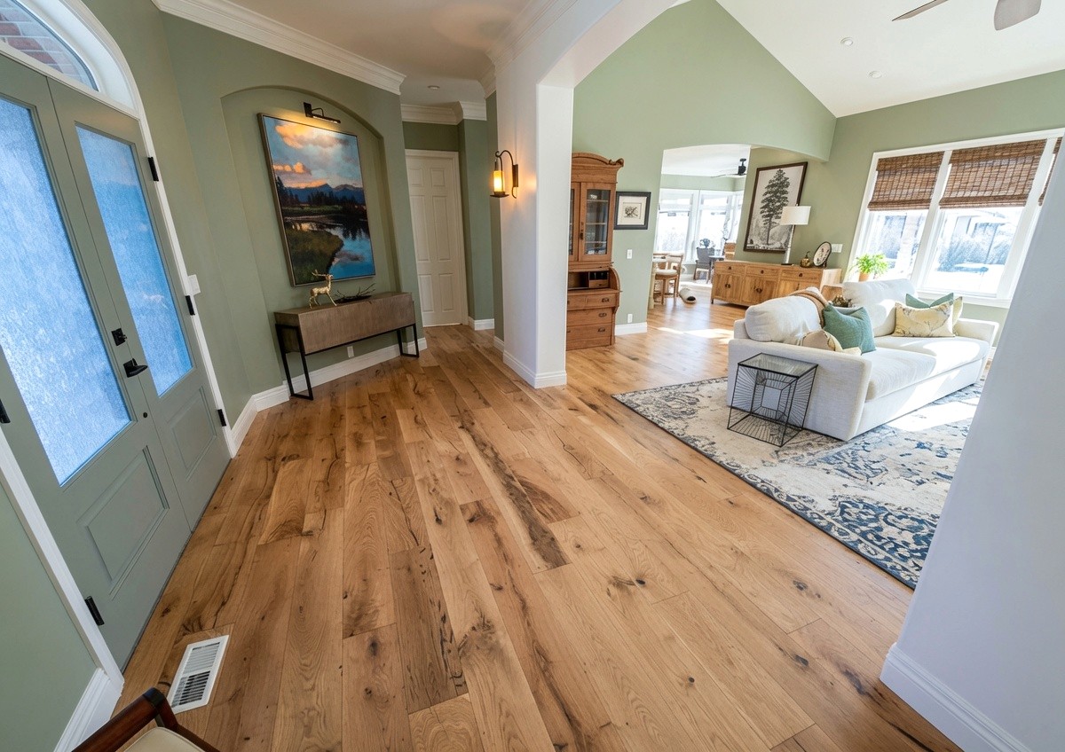 Rustic White Oak wood flooring in a cozy entryway and living room with green walls