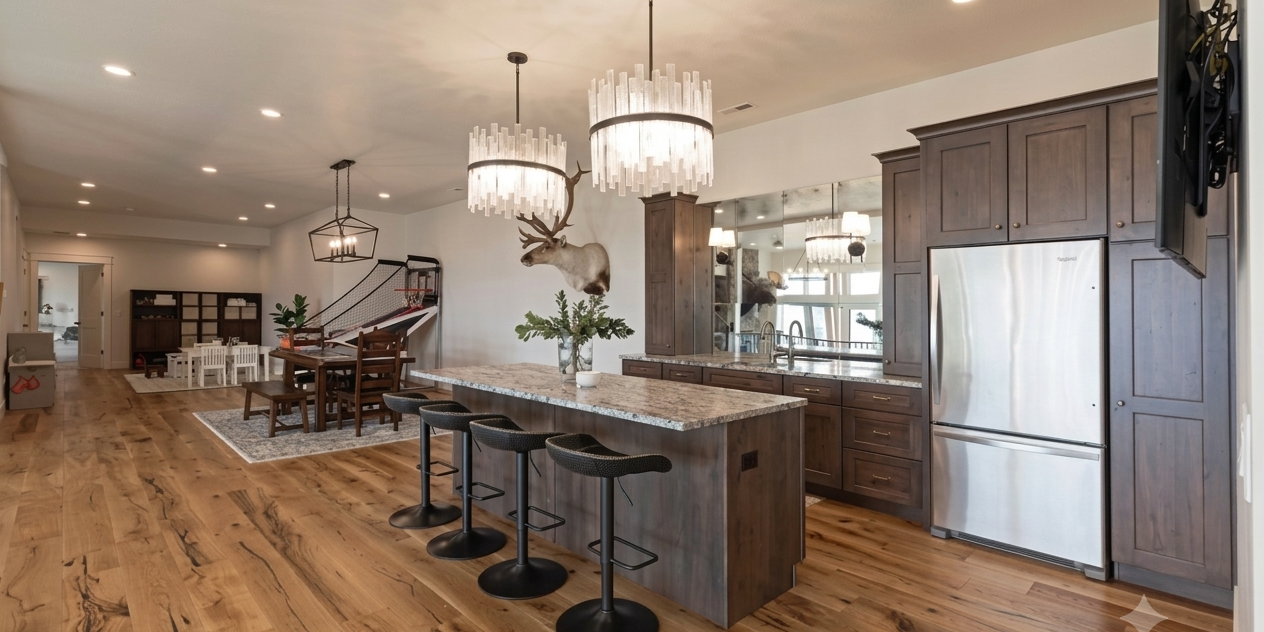 Live sawn white oak flooring throughout an open concept kitchen and dining area